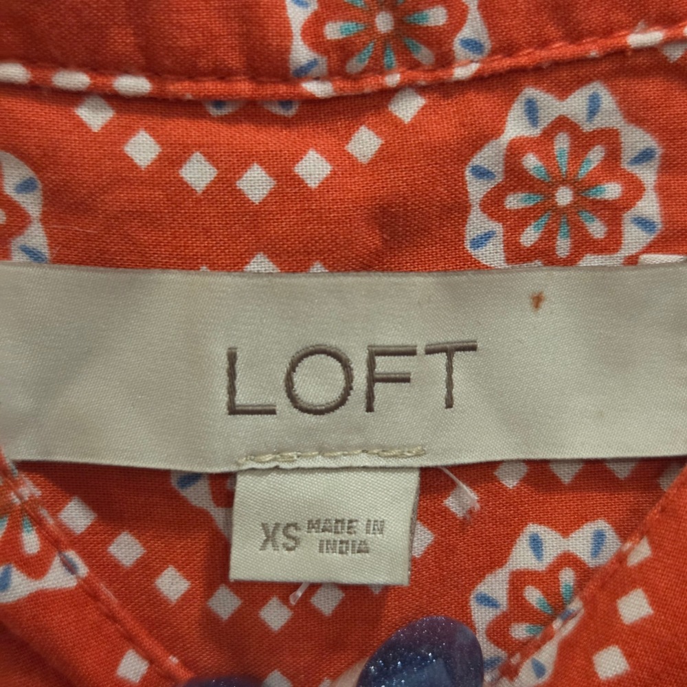 LOFT Geometric Floral Blouse Top Womens XS Puff Sleeve Casual Office Mod - Picture 9 of 12